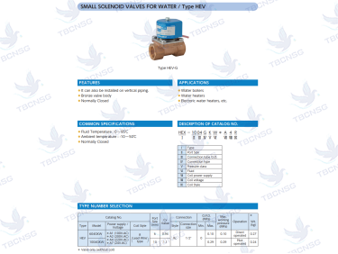 Van điện từ Saginomiya Type HEV - Thân đồng cho nước nóng (0°C đến 95°C)