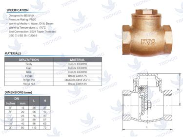 Van một chiều KVS model KVS-101 thân đồng thau nối ren PN20