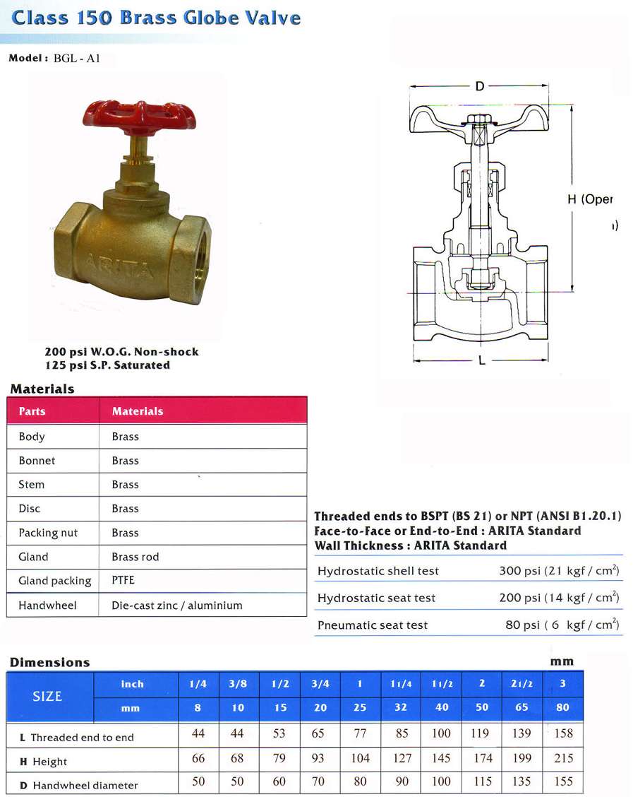 Thông số kỹ thuật van cầu đồng Arita Class150 SE model BGL-AL